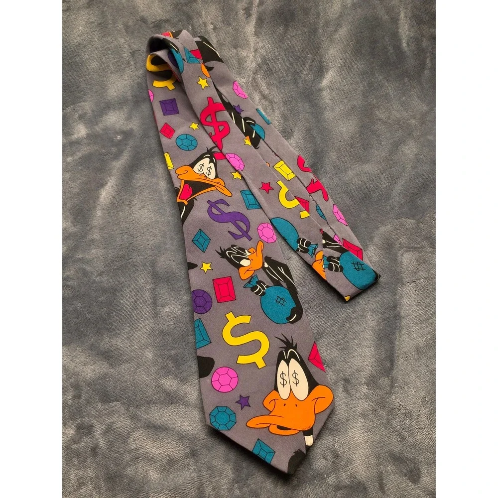 Vintage 1993 Looney Tunes Daffy Duck Money Silk Tie Balancine Grey 90s Cartoon